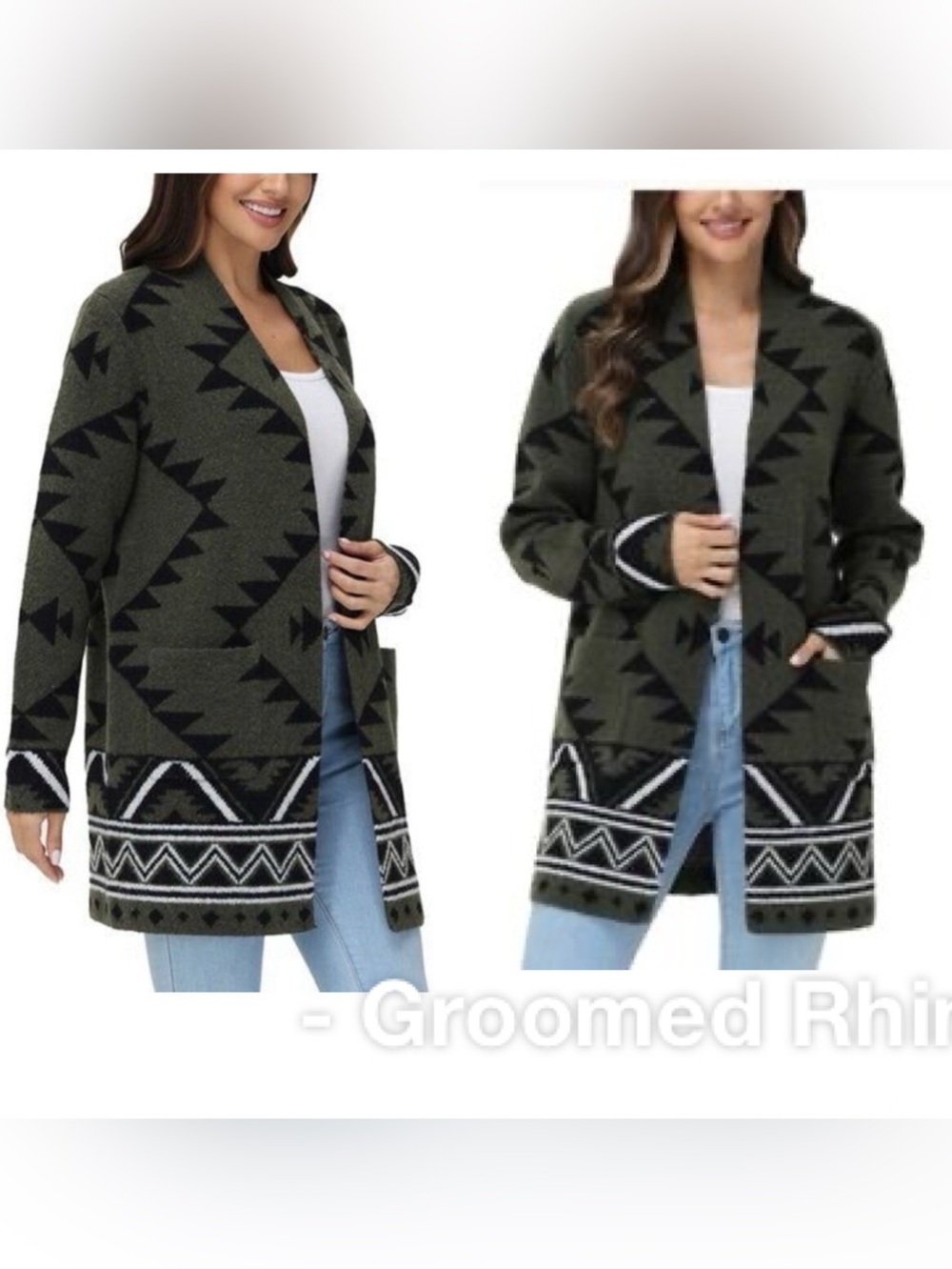 Frye Green/Black Aztec Pattern Open Front Cardigan Sweater Size XL